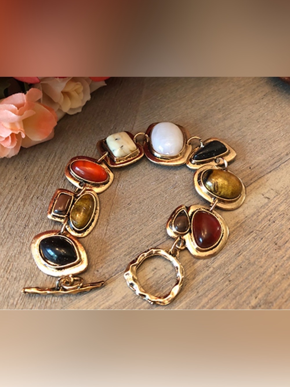 Gold-Tone Multi-Stone Bracelet in Cream, Red, Olive and Gray